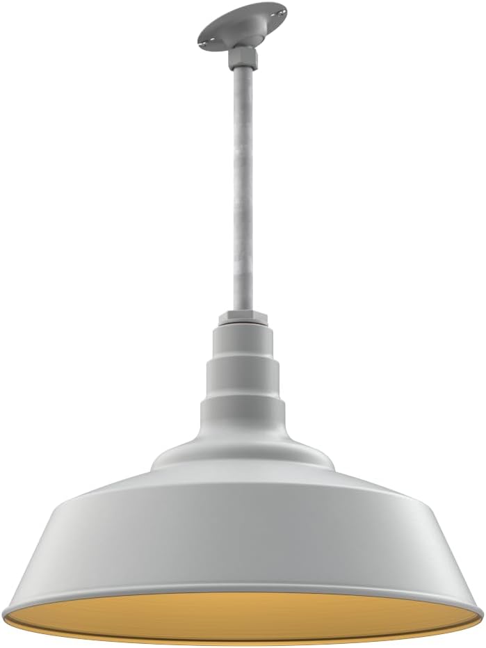 Steel Lighting Co. Manhattan Warehouse Light | Ceiling Mounted Pendant | 20 inch Dome | 12" Sloped Stem | Large Steel Barn Light Made in America | Modern Gray Exterior/Brass Interior