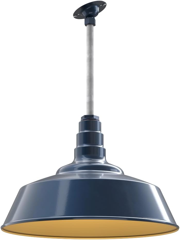 Steel Lighting Co. Manhattan Warehouse Light | Ceiling Mounted Pendant | 20 inch Dome | 12" Sloped Stem | Large Steel Barn Light Made in America | Gray Blue Exterior/Brass Interior