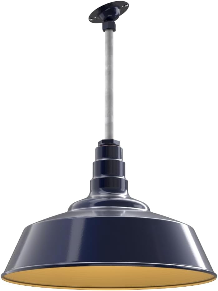 Steel Lighting Co. Manhattan Warehouse Light | Ceiling Mounted Pendant | 20 inch Dome | 12" Sloped Stem | Large Steel Barn Light Made in America | Navy Blue Exterior/Brass Interior