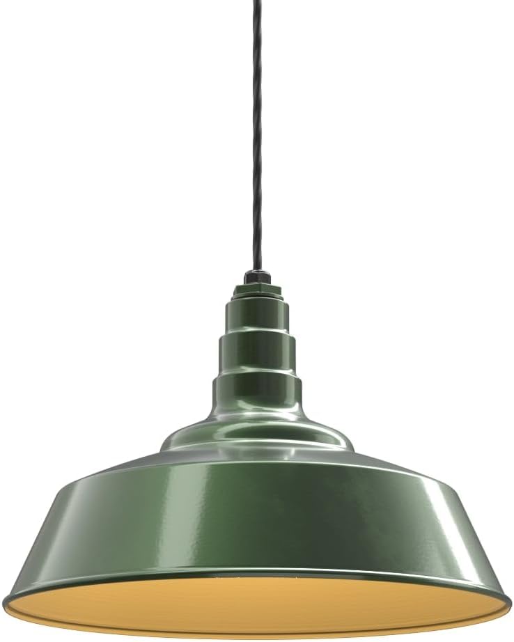 Steel Lighting Co. Manhattan Warehouse Light | Ceiling Mounted Pendant | 20 inch Dome | 4' Black Cord | Large Steel Barn Light Made in America | Hunter Green Exterior/Brass Interior
