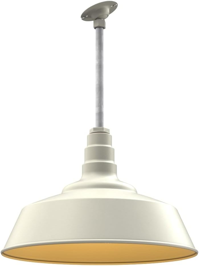 Steel Lighting Co. Manhattan Warehouse Light | Ceiling Mounted Pendant | 20 inch Dome | 12" Sloped Stem | Large Steel Barn Light Made in America | Cream Exterior/Brass Interior