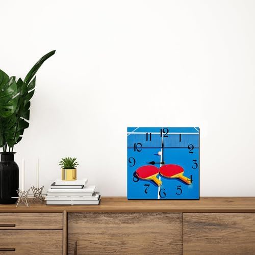 Ping Pong Square Clock Silent No Tick Battery Powered Home Decor 10inch Wooden Wall Clock for Living Room Kitchen Bathroom Farmhouse