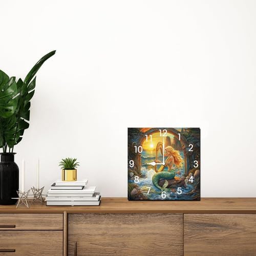 Volleyball Square Clock Silent No Ti.ck Battery Powered Home Decor Wooden Wall Clock for Living Room Kitchen Bathroom Farmhouse 10inch