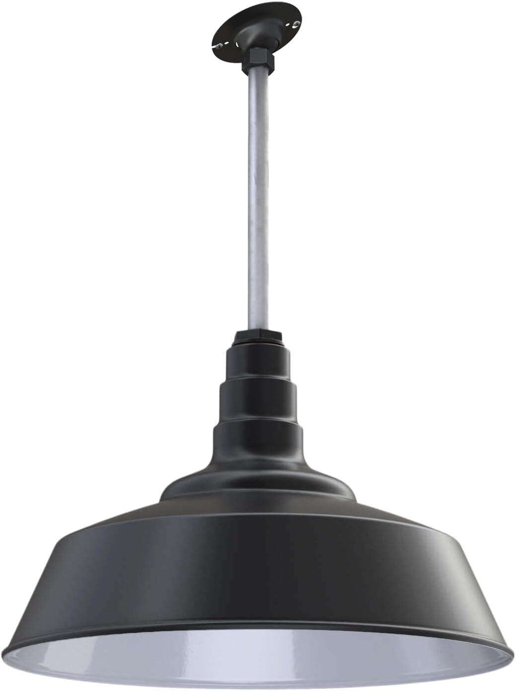 Steel Lighting Co. Manhattan Warehouse Light | Ceiling Mounted Pendant | 20 inch Dome | 12 inch Sloped Stem | Large Steel Barn Light Made in America | Matte Black Exterior/White Interior