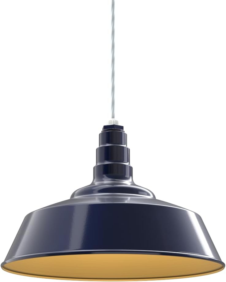 Steel Lighting Co. Manhattan Warehouse Light | Ceiling Mounted Pendant | 20 inch Dome | 4' White Cord | Large Steel Barn Light Made in America | Navy Blue Exterior/Brass Interior