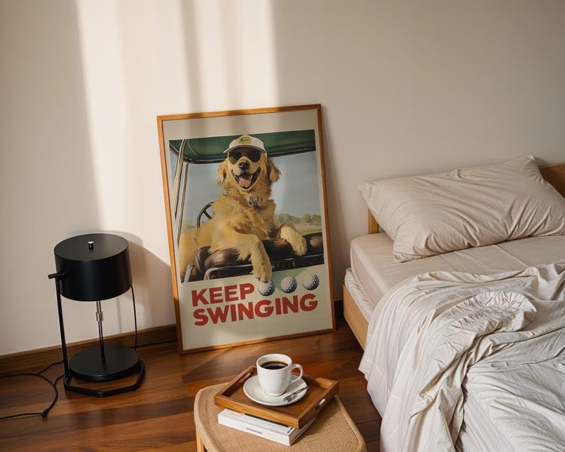 Funny Golden Retriever Golf Wall Art, Vintage Retro Dog Sports Print for Golf Lovers, Bar or Office Decor, Keep Swinging Inspirational Artwork (Unframed) (12x18)