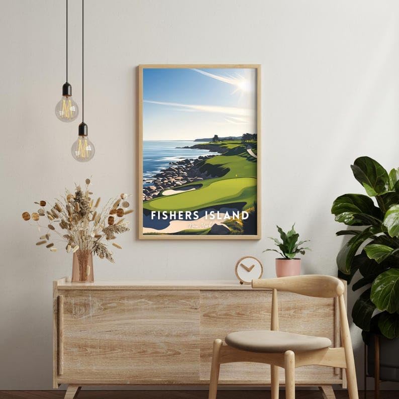 Nationcog Fishers Island Golf Course Poster, New York Vintage Wall Art, Coastal Home Decor, Unique Gift for Dad or Husband, Classic Golf Print for Office or Study (Unframed) (27x40)