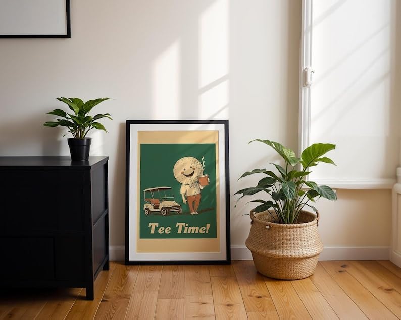 Vintage Tee Time Golf Wall Art, Retro Sports Poster Print for Bar, Office or Game Room Decor, Whimsical Golfer Artwork with Coffee and Golf Cart (Unframed) (20x30)
