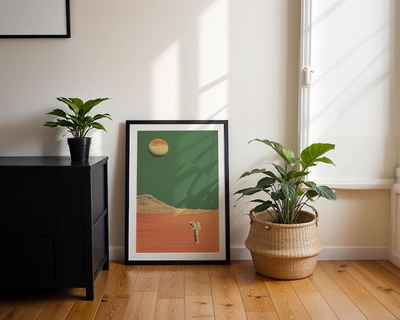 Retro Space Golf Wall Art, Vintage Mars Landscape Sports Print for Bar, Office or Game Room Decor, Astronaut Golfer Poster with Tee Time Theme (Unframed) (24x36)