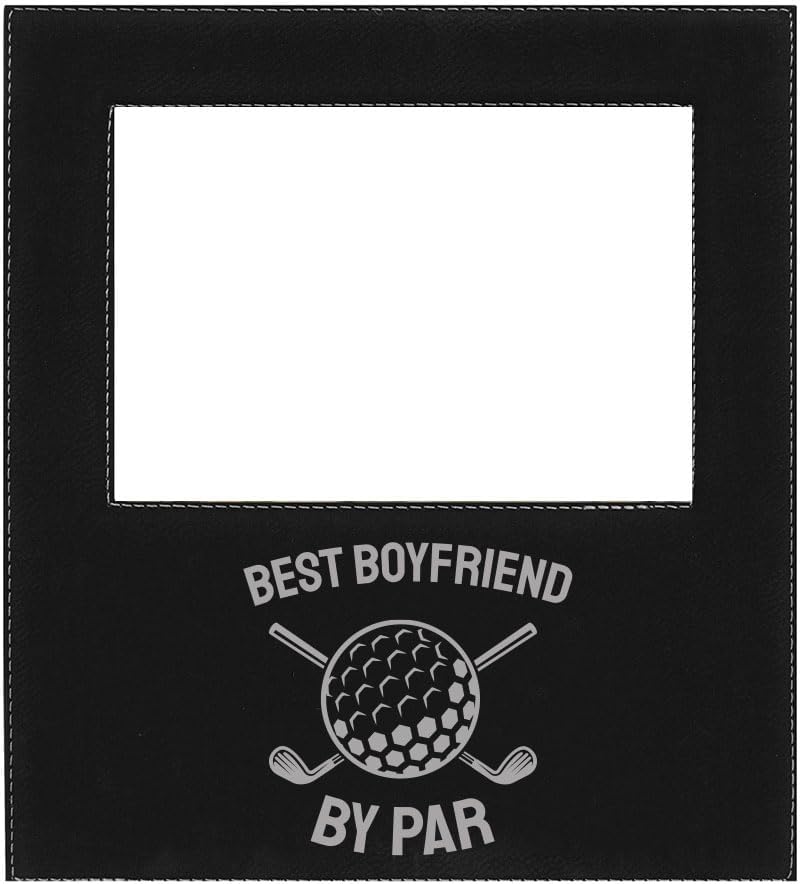 Boyfriend By Par Father's Day Golf Gift Engraved Leatherette Faux Leather Hanging/Tabletop Offset Horizontal/Landscape Personalized Group Grandparent Family Photo 4x6 Picture Black Frame