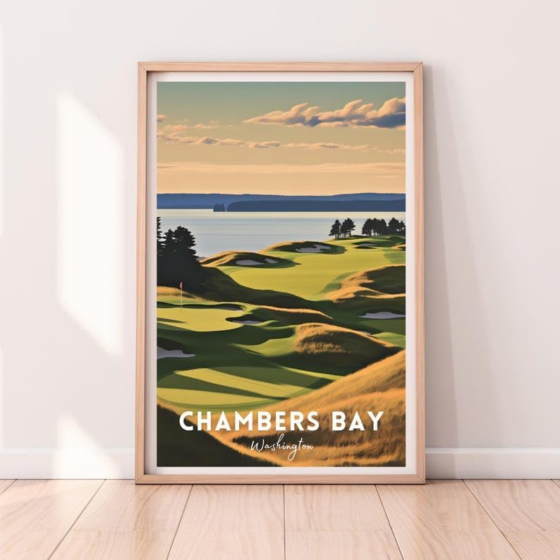 Nationcog Chambers Bay Golf Poster, Vintage Washington Travel Wall Art Print, Retro Coastal Golf Landscape Decor, Sports Artwork Gift for Men or Office (Unframed) (20x30)