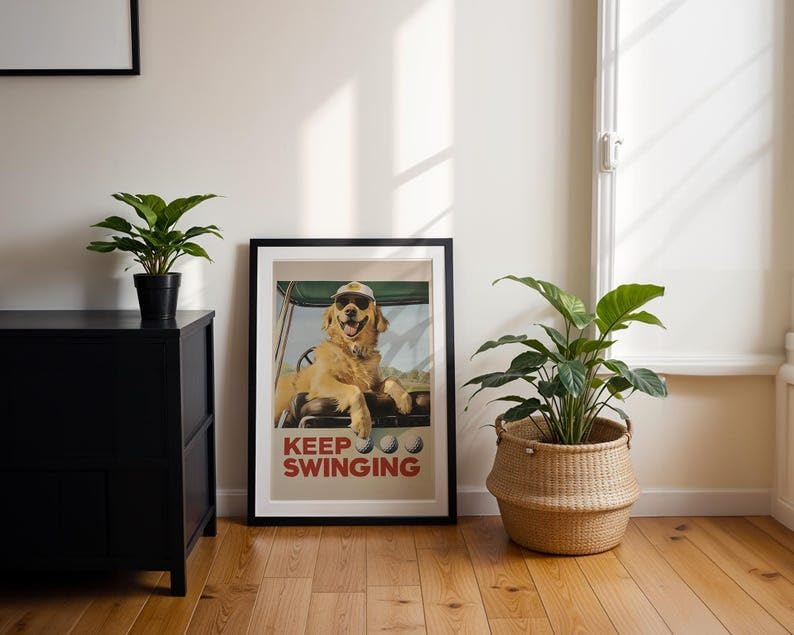 Funny Golden Retriever Golf Wall Art, Vintage Retro Dog Sports Print for Golf Lovers, Bar or Office Decor, Keep Swinging Inspirational Artwork (Unframed) (24x36)