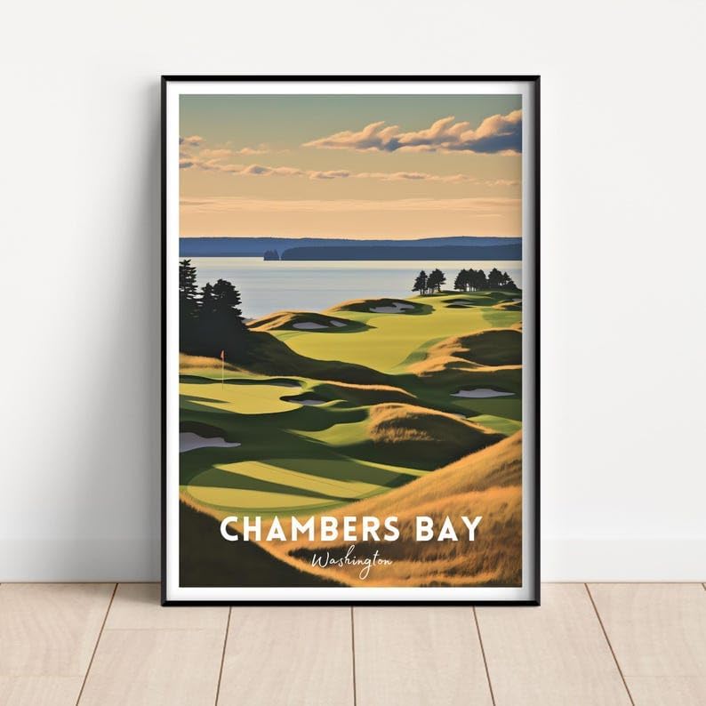 Nationcog Chambers Bay Golf Poster, Vintage Washington Travel Wall Art Print, Retro Coastal Golf Landscape Decor, Sports Artwork Gift for Men or Office (Unframed) (27x40)
