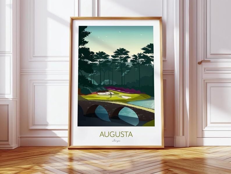 Nationcog Augusta Golf Print - The Masters; Golden Bell 12th Hole; Scenic Golf Course Wall Art; Vintage Augusta Golf Print; Augusta Georgia Landscape Poster (Unframed) (16x24)