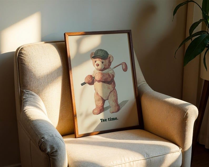 Nationcog Vintage Golf Teddy Bear Wall Art, Retro Watercolor Sports Print for Nursery, Kids Bedroom or Playroom Decor, Cute Golfer Artwork for Baby Boy (Unframed) (20x30)
