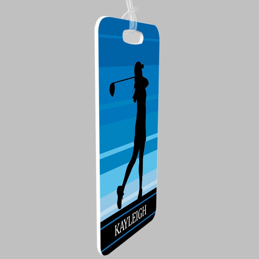 ChalkTalkSPORTS Golf Luggage & Bag Tag | Personalized Female Golfer | Standard Lines on Back | Large | Blue