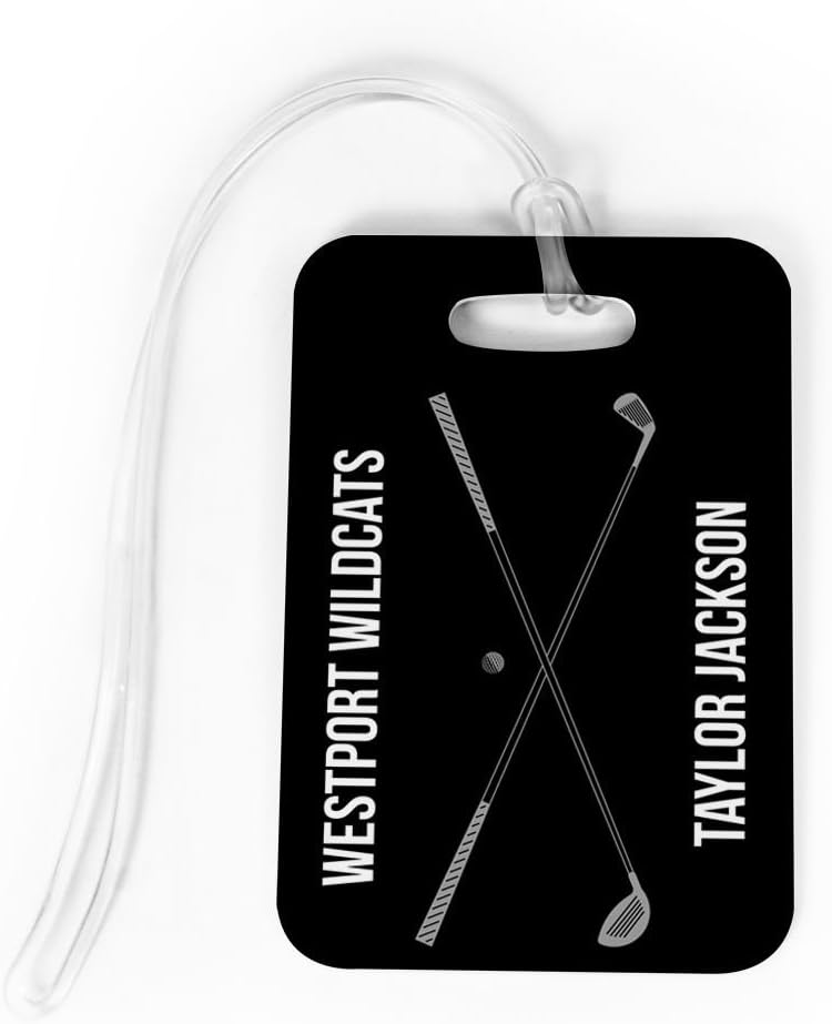 ChalkTalkSPORTS Golf Luggage & Bag Tag | Personalized Crossed Golf Clubs | Standard Lines on Back | Medium | Black/Gray