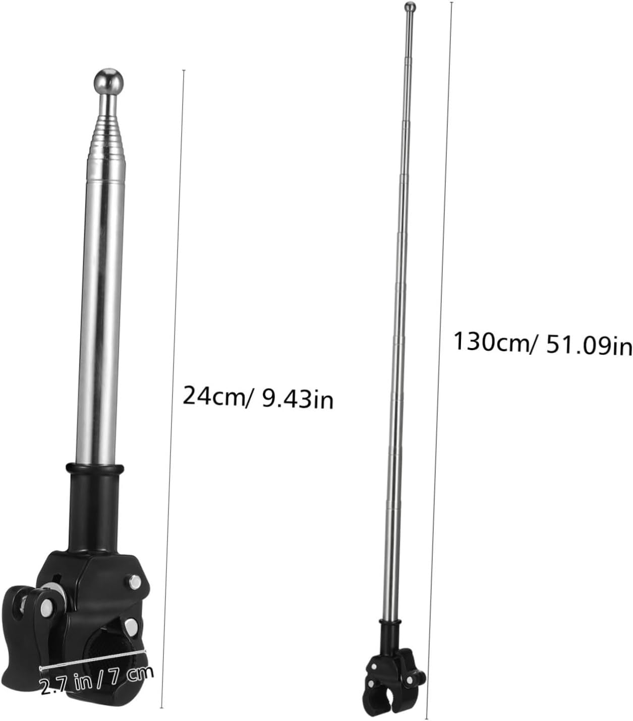 2Pcs Adjustable Stainless Steel Motorcycle Flagpole Pole, 51in Retractable Bike Flag Pole, Telescopic Motorcycle Bicycle Flag Mounts, Flagpole for Off-Road ATV Golf Cart Wheelchair