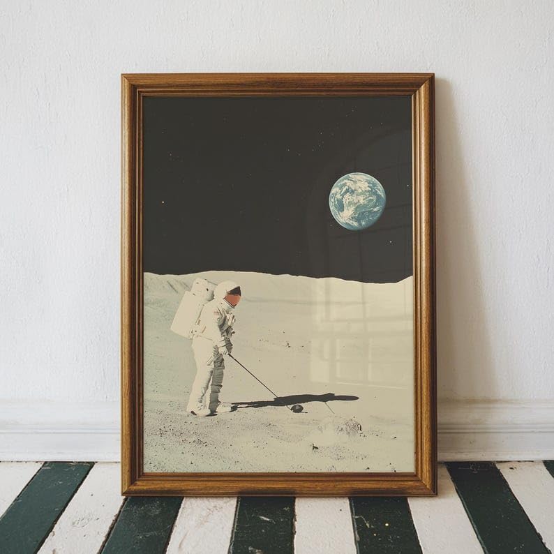 Vintage Space Golf Wall Art, Retro Astronaut Sports Print for Bar, Office or Game Room Decor, Outer Space Golfer Poster with Earth View and Tee Time Theme (Unframed) (11x14)