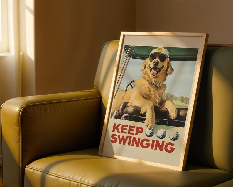 Funny Golden Retriever Golf Wall Art, Vintage Retro Dog Sports Print for Golf Lovers, Bar or Office Decor, Keep Swinging Inspirational Artwork (Unframed) (16x24)