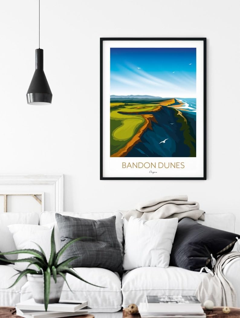 Nationcog Bandon Dunes Golf Print – Oregon; Bandon Dunes Golf Poster; Bandon Dunes Oregon Art; Coastal Golf Course Print; Golf Course Cliffside Illustration (Unframed) (9x11)