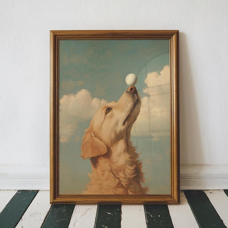 Nationcog Elegant Golden Retriever Golf Wall Art, Retro Dog Sports Oil Painting Print for Bar, Office or Home Decor, Playful Golfer Artwork for Dog Lovers (Unframed) (9x11)