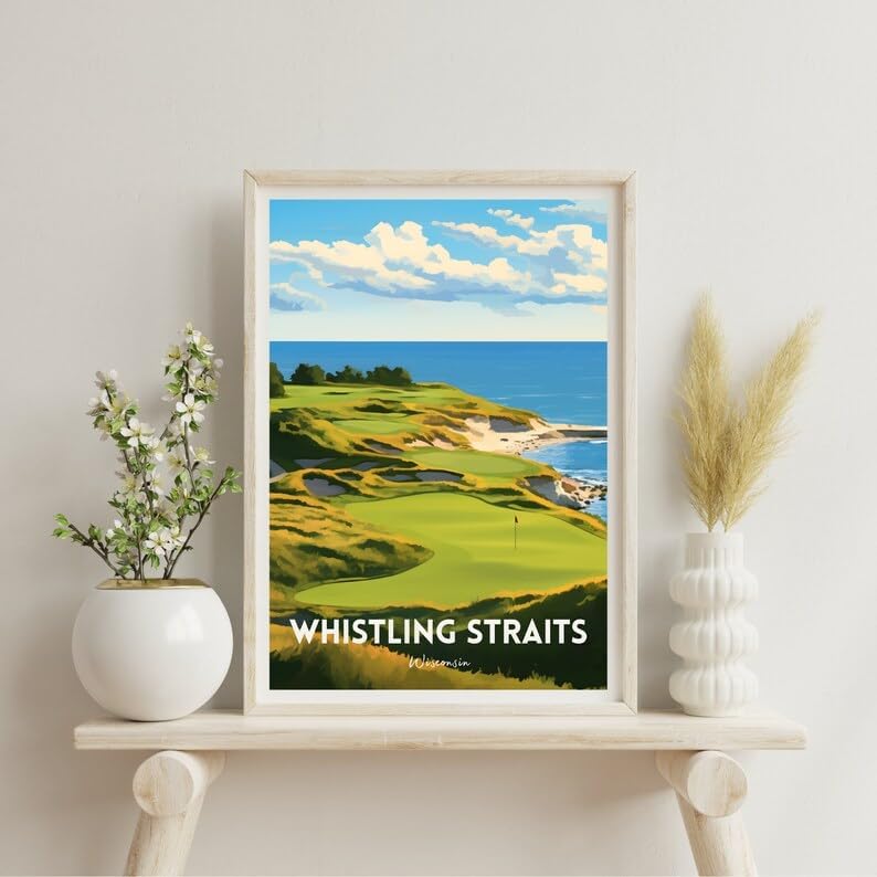 Nationcog Whistling Straits Golf Wall Art Print, Retro Wisconsin Coastal Poster for Living Room or Office, Scenic Course Decor for Men, Gift Idea for Dad, Lakefront Room Accent (Unframed) (24x36)
