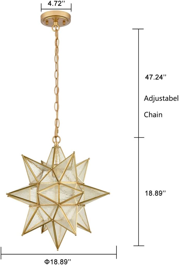 DIRYZON Moravian Star Pendant Light 20-Inch Large Hanging Ceiling Light Modern Gold Finish with Seeded Glass Adjustable Chain