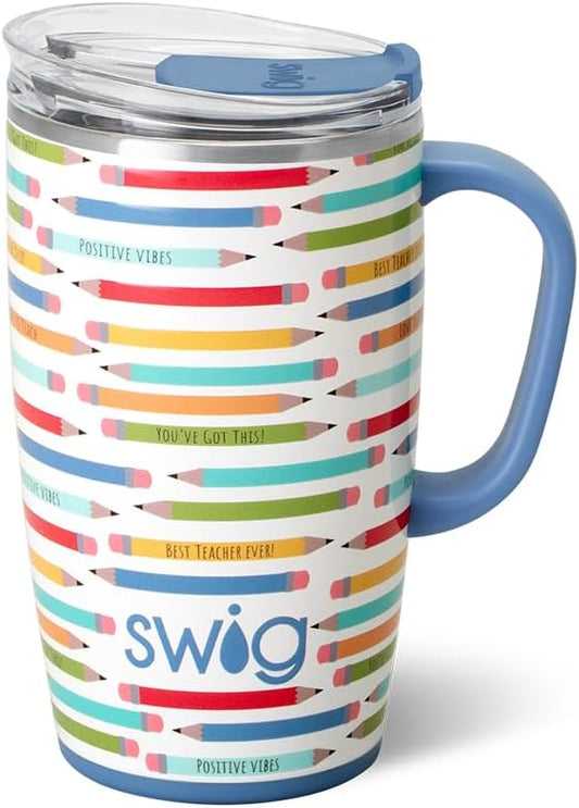 Swig Life 18oz Travel Mug, Insulated Tumbler with Handle and Lid, Cup Holder Friendly, Dishwasher Safe, Stainless Steel, Travel Coffee Cup (Teacher Life)