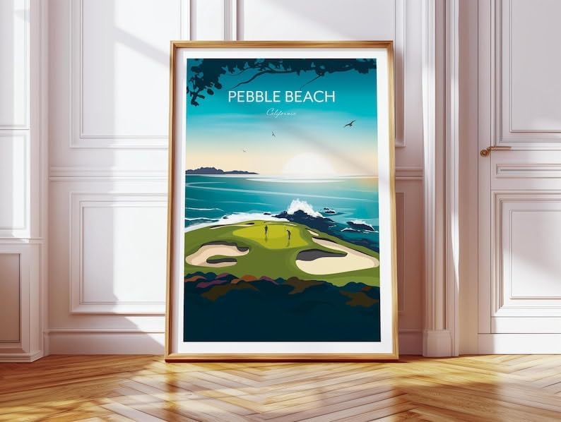 Nationcog Pebble Beach, California Golf Print - US Open Golf Travel Poster, Pebble Beach Golf Poster, California Golf Course Art, Scenic Ocean Golf Print, Luxury Golf Resort Decor (Unframed) (9x11)