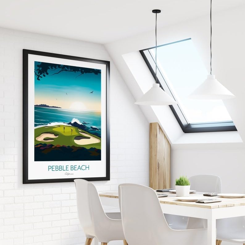 Golf Print - Pebble Beach California - US Open Golf Gift, Pebble Beach Golf Course Poster, California Golf Print, Coastal Golf Art, Golf Landscape Illustration, Sports Wall Decor. (Unframed) (11x14)