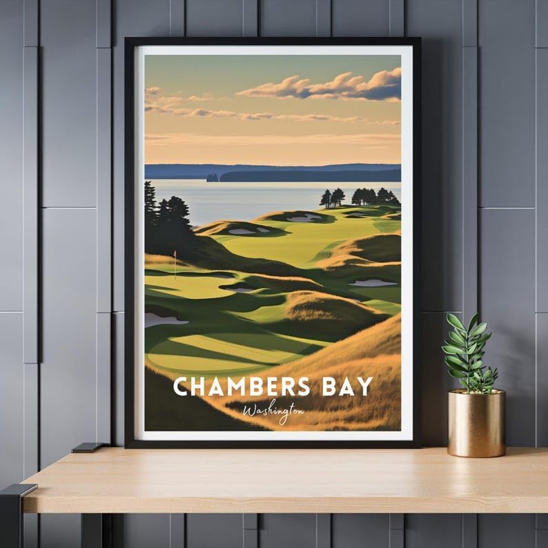 Nationcog Chambers Bay Golf Poster, Vintage Washington Travel Wall Art Print, Retro Coastal Golf Landscape Decor, Sports Artwork Gift for Men or Office (Unframed) (27x40)