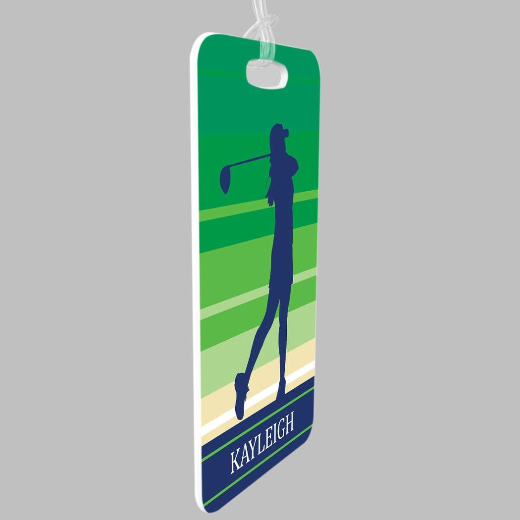 ChalkTalkSPORTS Golf Luggage & Bag Tag | Personalized Female Golfer | Standard Lines on Back | Medium | Green