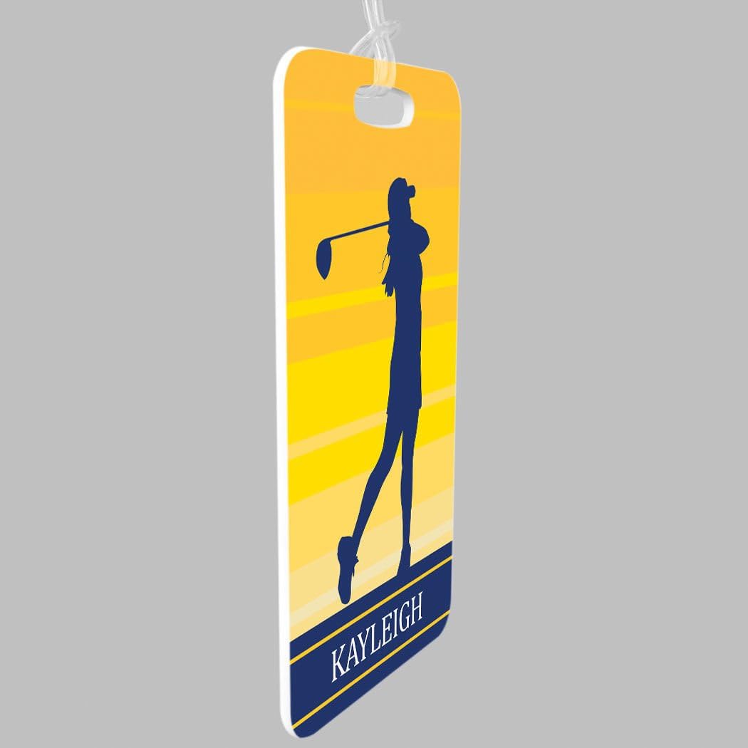 ChalkTalkSPORTS Golf Luggage & Bag Tag | Personalized Female Golfer | Standard Lines on Back | Large | Yellow