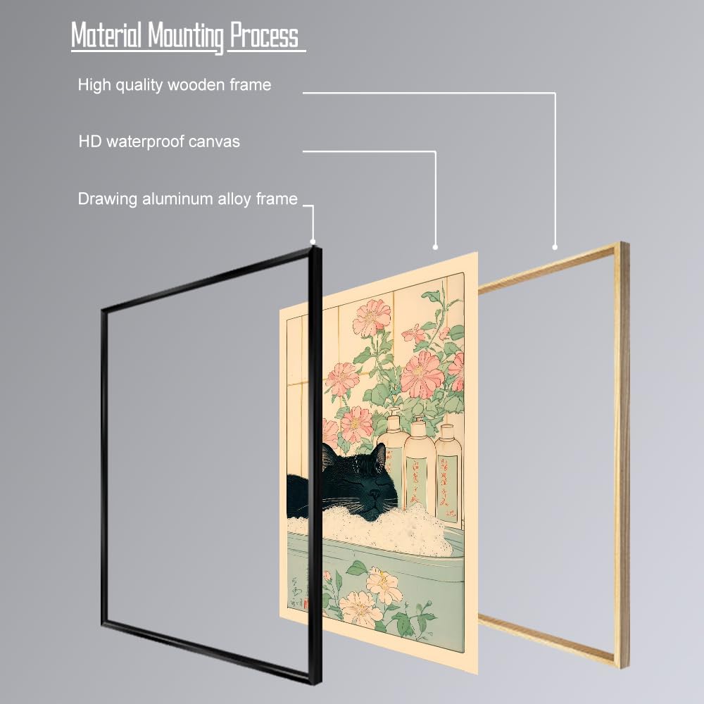 Vintage Black Cat in The Bathtub Posters Funny Bathroom Wall Art Cute Animal Lover Canvas Prints Japanese Aesthetic Neutral Minimalist Wall Decor for Restroom Toilet 16x24in Framed