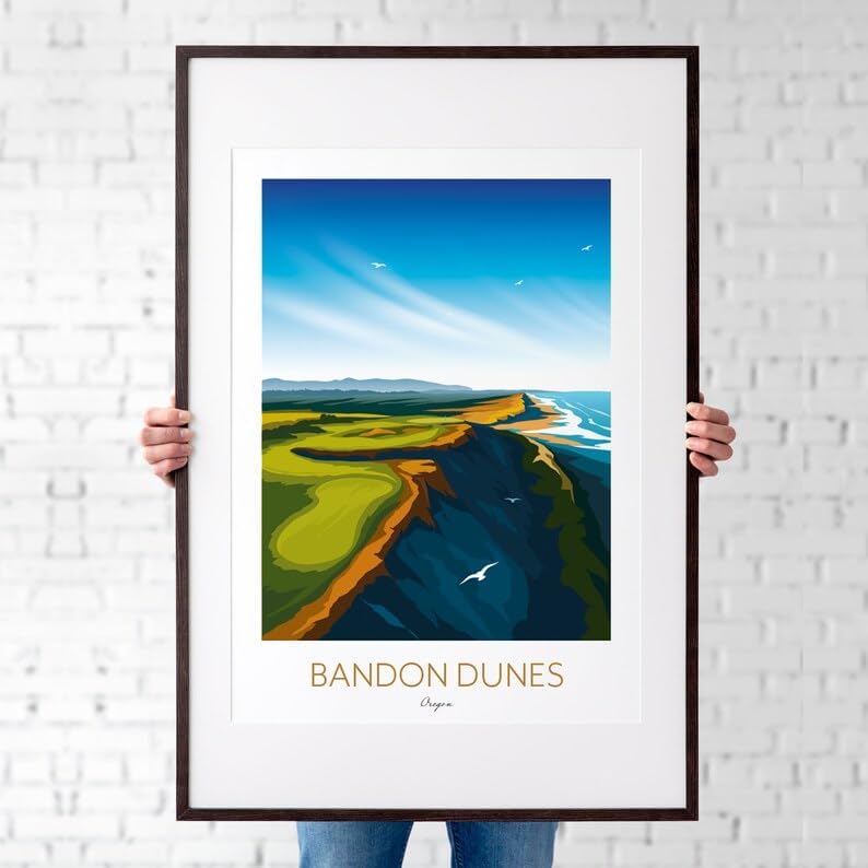 Nationcog Bandon Dunes Golf Print – Oregon; Bandon Dunes Golf Poster; Bandon Dunes Oregon Art; Coastal Golf Course Print; Golf Course Cliffside Illustration (Unframed) (9x11)