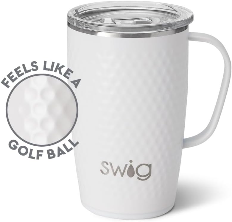 Swig Life 18oz Travel Mug, Insulated Tumbler with Handle and Lid, Cup Holder Friendly, Dishwasher Safe, Stainless Steel, Travel Coffee Cup (Golf Ball)