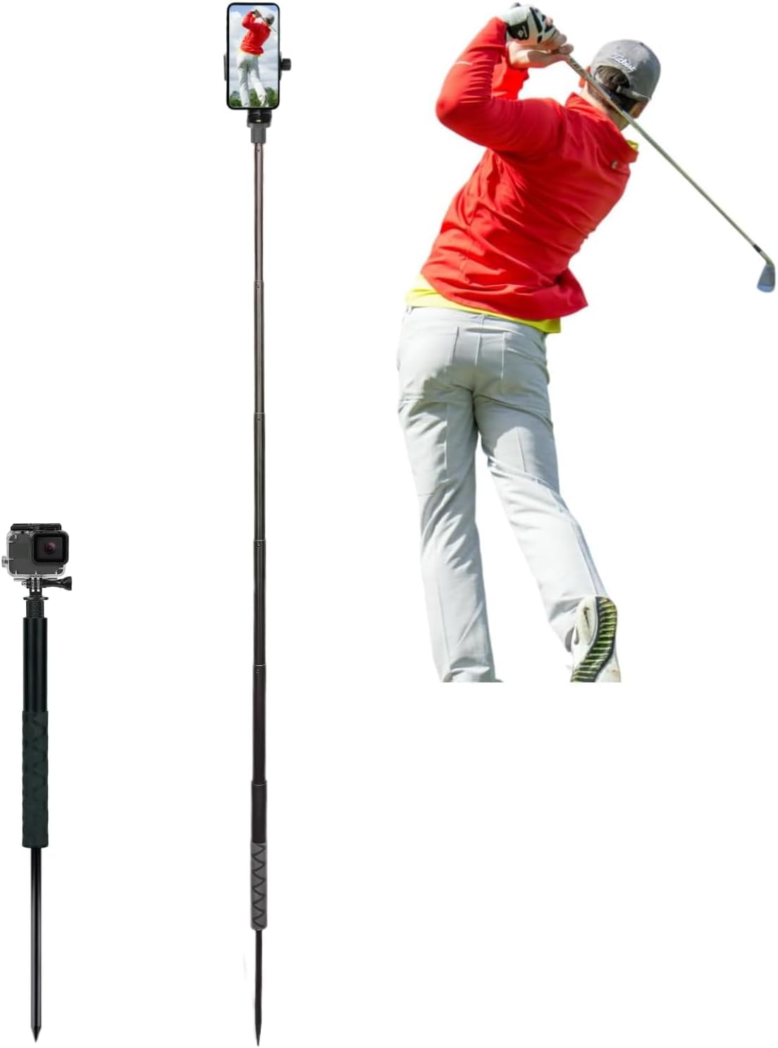 Golf Monopod Selfie Stick with Ground Spike Stake, Golf Swing Analyzer Phone Holder for Training Aid, 52" Adjustable Golf Selfie Stick Phone Stand for Recording Swings