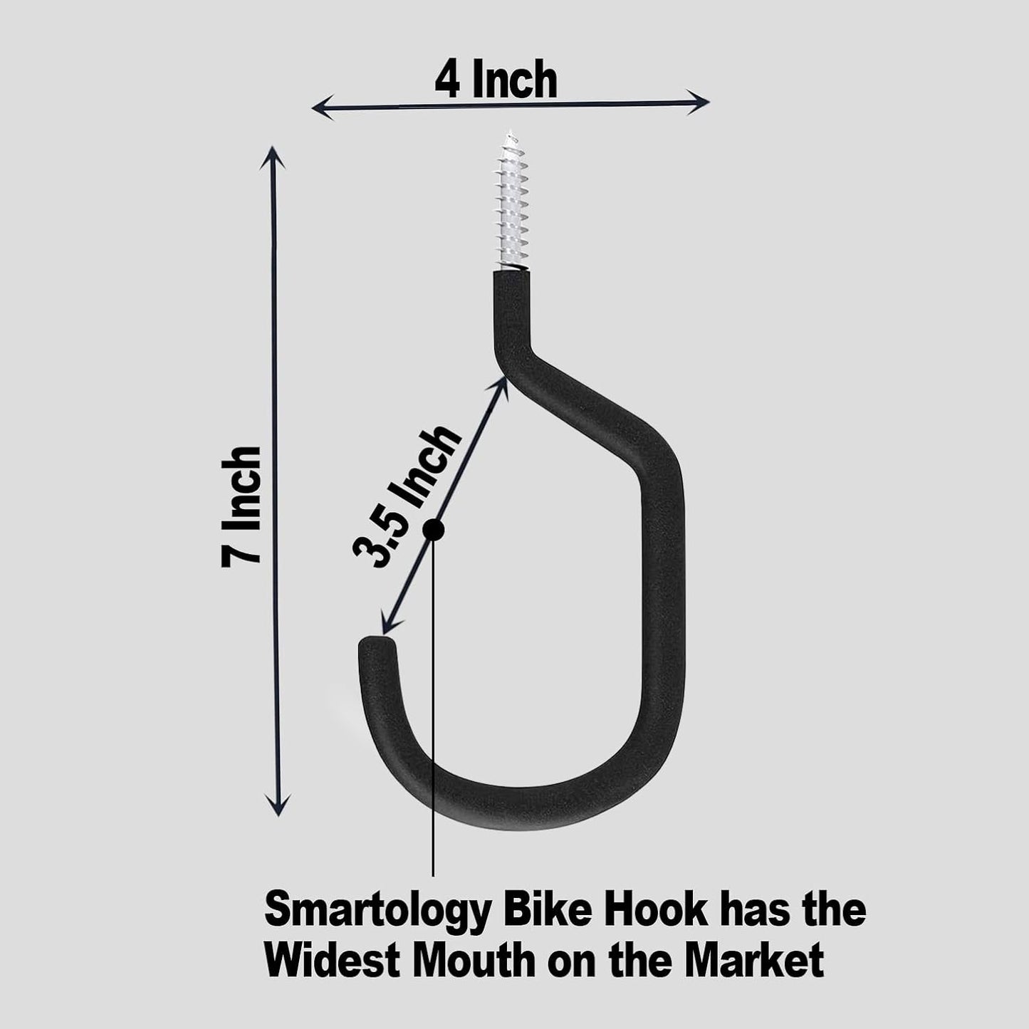 SMARTOLOGY Extra-Large Bike Hook, Bicycle Storage Hanger, Rubber Coated Heavy Duty Screw-in Ceiling Hooks for Tools, Garage Wall Organizer, 4 Pack, Fits All Bike Types, Vertical Bike Racks & Stands