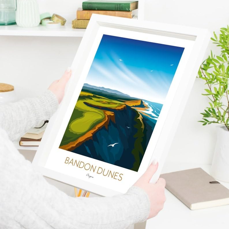 Nationcog Bandon Dunes Golf Print – Oregon; Bandon Dunes Golf Poster; Bandon Dunes Oregon Art; Coastal Golf Course Print; Golf Course Cliffside Illustration (Unframed) (9x11)
