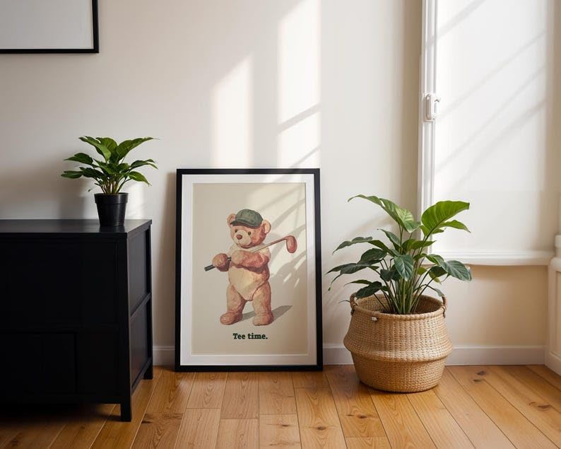 Nationcog Vintage Golf Teddy Bear Wall Art, Retro Watercolor Sports Print for Nursery, Kids Bedroom or Playroom Decor, Cute Golfer Artwork for Baby Boy (Unframed) (20x30)