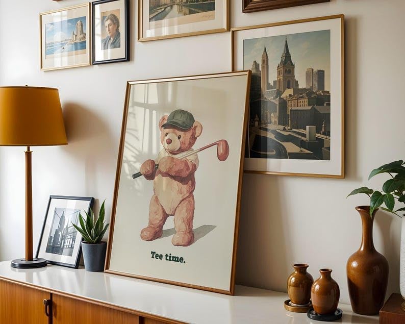 Nationcog Vintage Golf Teddy Bear Wall Art, Retro Watercolor Sports Print for Nursery, Kids Bedroom or Playroom Decor, Cute Golfer Artwork for Baby Boy (Unframed) (27x40)