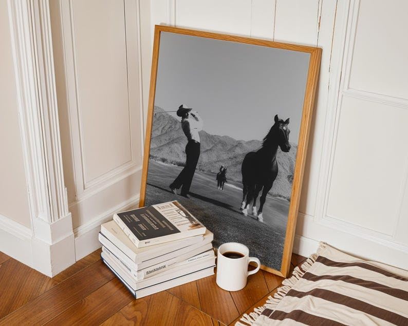 Nationcog Vintage Western Cowboy Golf Wall Art, Retro Black and White Sports Photography Print for Bar or Office Decor, Rustic Golfer Artwork for Country Homes (Unframed) (24x36)