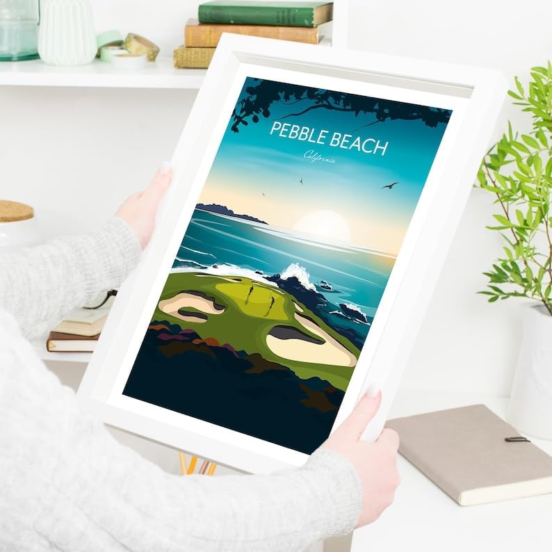 Nationcog Pebble Beach, California Golf Print - US Open Golf Travel Poster, Pebble Beach Golf Poster, California Golf Course Art, Scenic Ocean Golf Print, Luxury Golf Resort Decor (Unframed) (9x11)