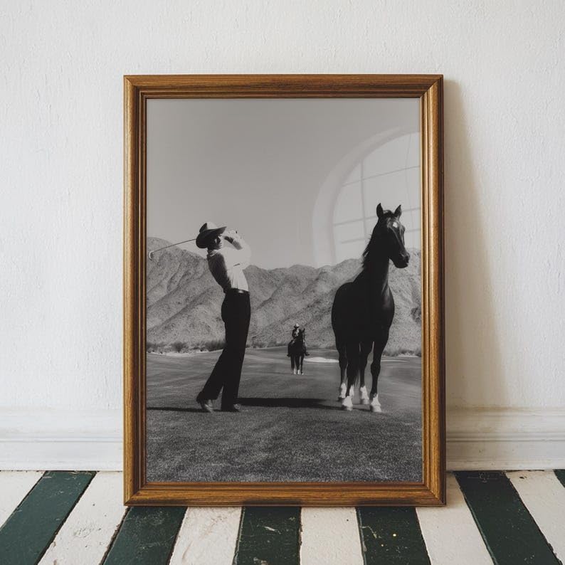 Nationcog Vintage Western Cowboy Golf Wall Art, Retro Black and White Sports Photography Print for Bar or Office Decor, Rustic Golfer Artwork for Country Homes (Unframed) (9x11)