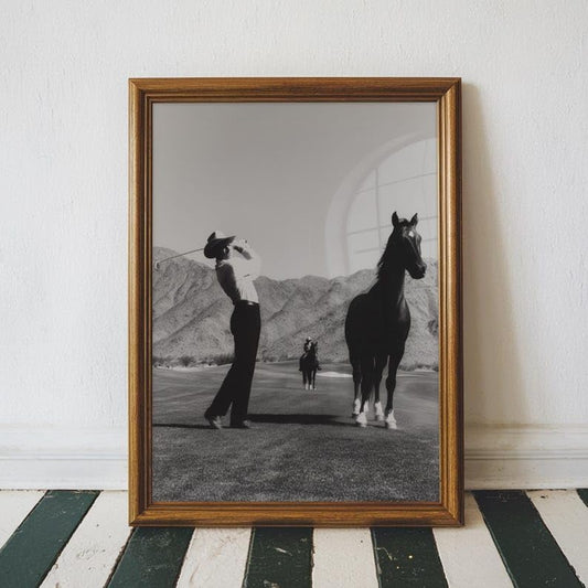 Nationcog Vintage Western Cowboy Golf Wall Art, Retro Black and White Sports Photography Print for Bar or Office Decor, Rustic Golfer Artwork for Country Homes (Unframed) (20x30)