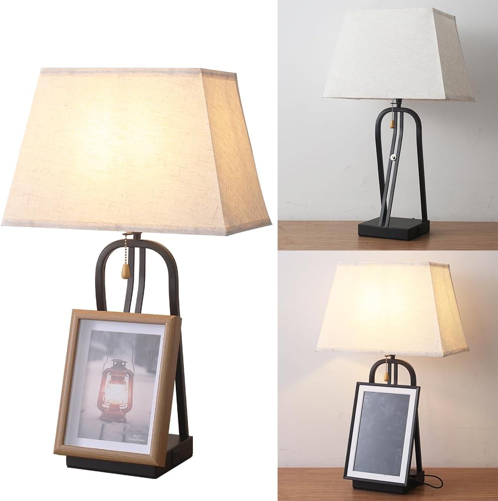 Table Lamp with Photo Frame Design, USB-C and USB-A Ports, Black, Modern Farmhouse Style