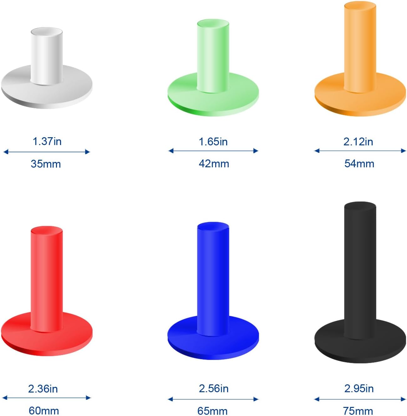 VIVIDLY Rubber Golf Tees for Mats & Driving Range & Golf Simulators - 6 Colors and 6 Sizes for Indoor Outdoor Backyard Home Office