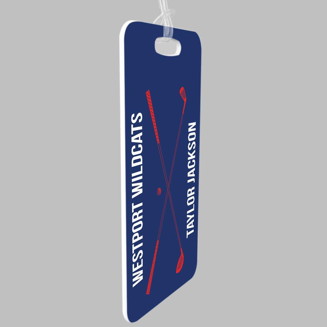ChalkTalkSPORTS Golf Luggage & Bag Tag | Personalized Crossed Golf Clubs | Standard Lines on Back | Large | Navy/Red