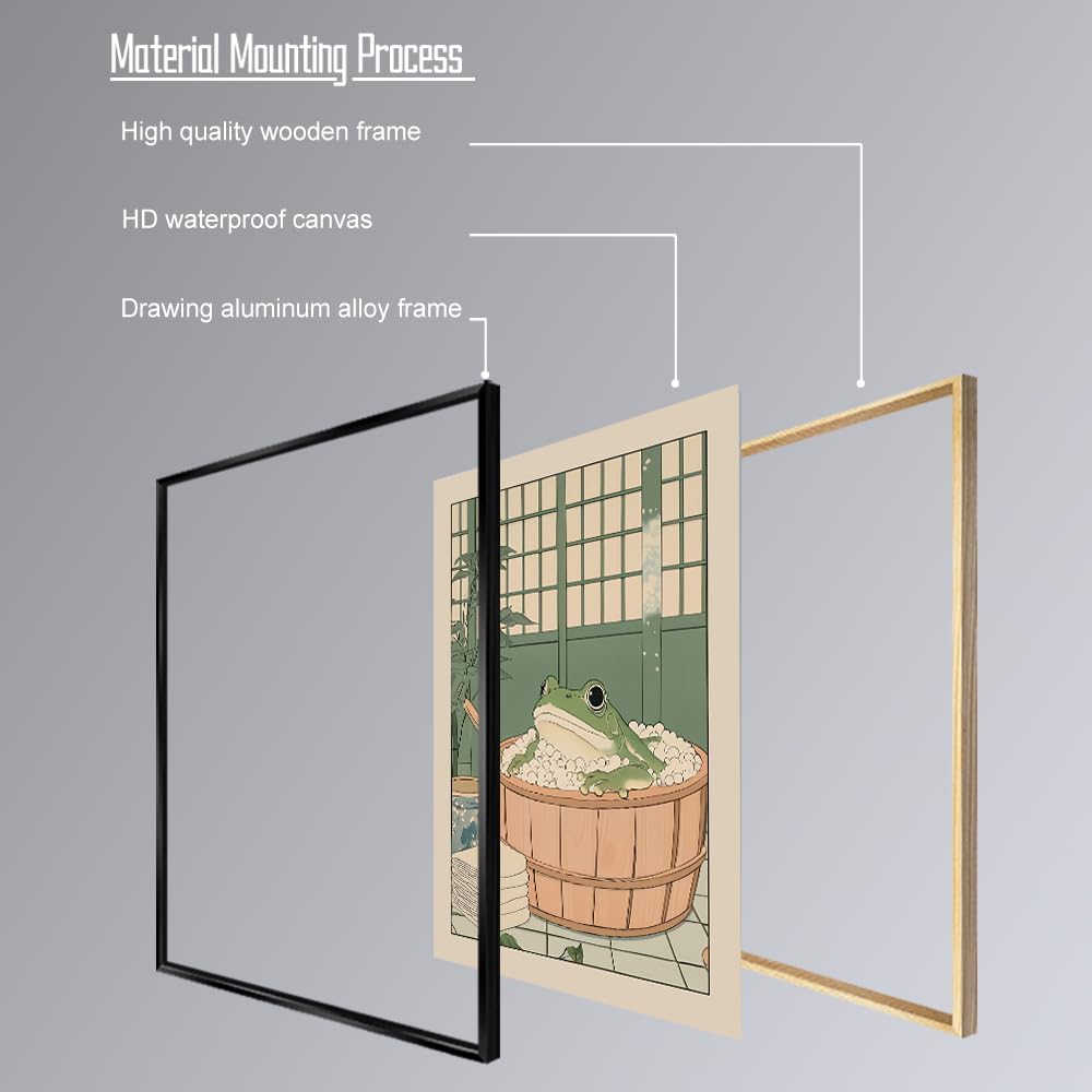 Funny Bathroom Wall Art Japanese Aesthetic Frog in a Bathtub Posters Cute Animal Canvas Prints Vintage Neutral Minimalist Wall Decor for Apartment Dorm 12x16in Framed